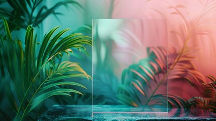 A minimalist poster design featuring a large, blurred glass rectangle with a vibrant, tropical leaf pattern in the background.