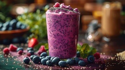 Berry smoothie with nuts in glasses. Healthy detox drink concept. Generative Ai. 