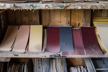 different types of sandpaper on a workshop shelf