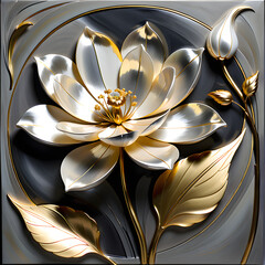 High-quality artwork mother-of-pearl silver white lacquerware and gold a flower with meticulous design by devoid of shine.(Generative AI)