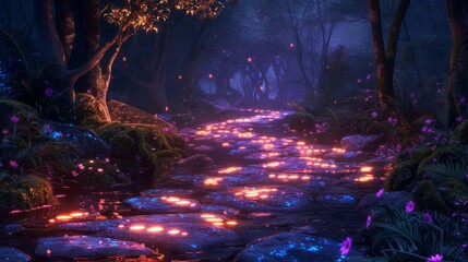 A night scene with glowing footprints on a path, utilizing color gradients to suggest a magical presence.