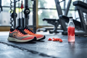 sneakers on gym floor with a clear bottle of fruit infusion - obrazy, fototapety, plakaty