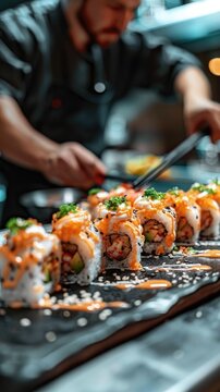 chef preparing a fusion sushi roll with ingredients from global cuisines, in a modern, open kitchen setting. 