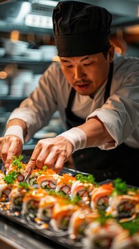 chef preparing a fusion sushi roll with ingredients from global cuisines, in a modern, open kitchen setting. 