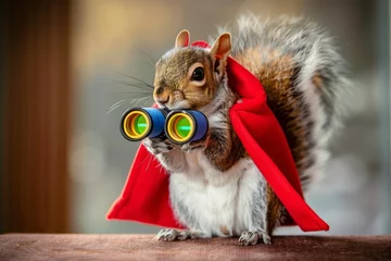Selbstklebende Fototapeten squirrel in a red cape looking through toy binoculars © studioworkstock