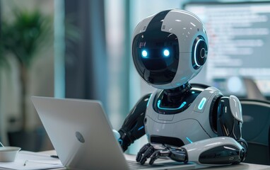 A robotic character using a laptop, hinting at a future where machines interact with technology