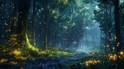 A serene forest at night, illuminated by thousands of fireflies, showcasing soft light and shadow techniques.