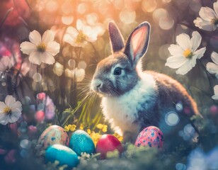 Fototapeta na wymiar A fluffy Easter bunny secretly placing colorful eggs among blooming flowers in a lush garden.