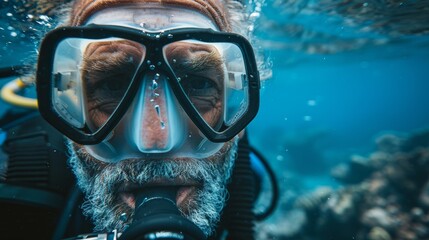 Senior male scuba diver exploring underwater life in the ocean - obrazy, fototapety, plakaty