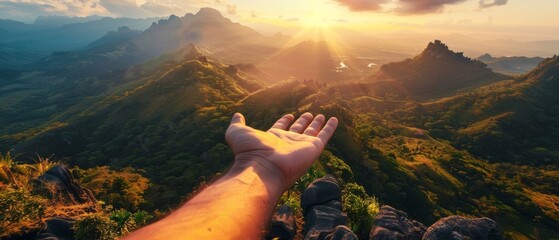 During a beautiful sunrise, a young man reaches for the mountains - obrazy, fototapety, plakaty