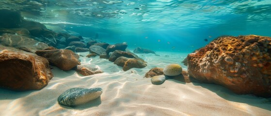 Ocean background with white sand and stones underwater in the tropical blue ocean of Hawaii.
