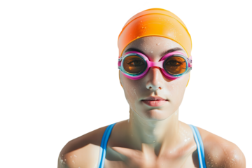 Portrait of a woman with swimming costume and blue and orange goggles. Olympic Games.