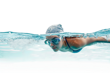 A woman is swimming in a pool wearing goggles and a hat