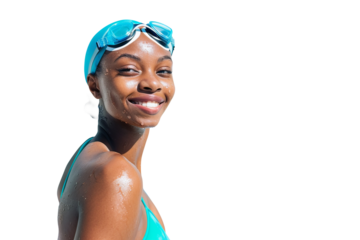 African-American woman in blue swimming costume and glasses smiles. Olympic Game.