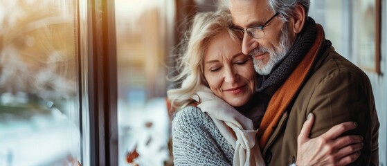In a new house with a happy couple, a mature adult couple, hugging, bonding, and thinking about the future with tenderness and excitement. A mid-aged man embracing his wife and looking away dreaming, - obrazy, fototapety, plakaty
