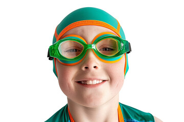 Portrait of a boy wearing green and orange swimming gear on a transparent background.