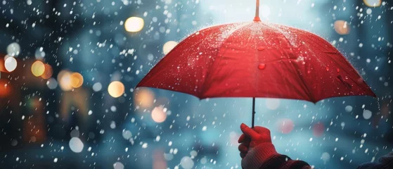 Fotobehang On city background, Businessman holding red umbrella on falling rain with insurance icons for business, health, financial, life, family, accidents and logistics © Zaleman
