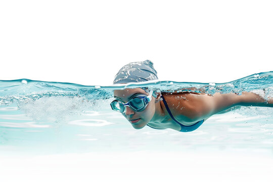 A woman is swimming in a pool wearing goggles and a hat