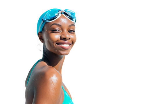 African-American woman in blue swimming costume and glasses smiles. Olympic Game.