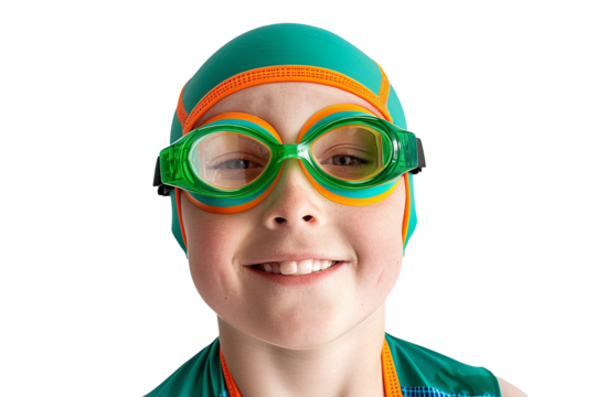 Portrait of a boy wearing green and orange swimming gear on a transparent background.