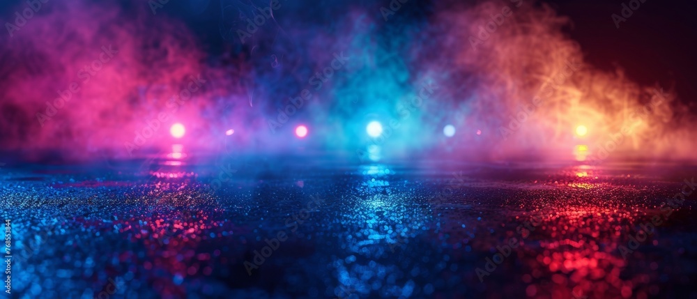Aufkleber it's a dark street with an empty scene, a dark background with neon lights and spotlights. an asphal