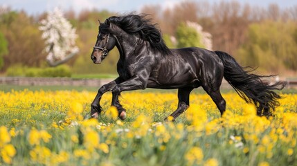 Obraz na płótnie Canvas Galloping black horse in a field of yellow flowers