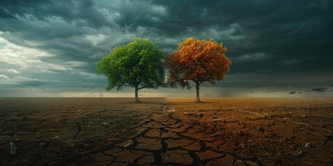 Two solitary trees on cracked earth, one green and one autumnal, under a dramatic stormy sky.