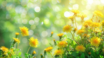 Beautiful colorful spring natural flower background. Wildflowers and yellow dandelions on a bright sunny day with beautiful bokeh.