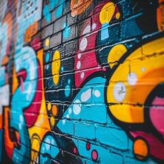 Detailed shot of a startups vibrant, graffitistyle mural wall, symbolizing creativity and disruption, with focus on the artistry and messages , octane render