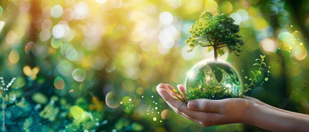 Poster the hand of a human holding an earth covered in green and a tree on it is a symbol for esg and clima