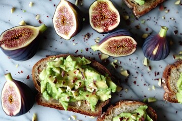 breakfast table with avocado toast and fresh figs - Powered by Adobe