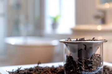 closeup on tea leaves in an infuser, bathroom setting blurry behind - obrazy, fototapety, plakaty