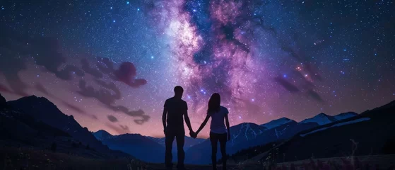 Fotobehang A mountainous landscape with silhouettes of people holding hands against the Milky Way. © Zaleman