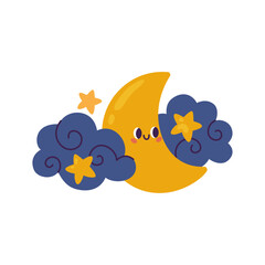 Cute crescent with clouds and stars. Vector flat illustration.