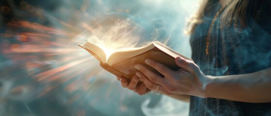 In gesture of giving, she holds the book in her hands. The image represents wisdom, religion, reading, and imagination. - obrazy, fototapety, plakaty
