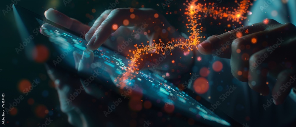 Poster Luminous DNA molecule. Doctor using tablet and analyzing genetic chromosomes of human on virtual interface. Medicine. Medical science and biotechnology.