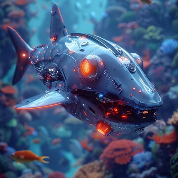 A vibrant, animatedstyle depiction of a robot shark as the guardian of an underwater utopia, with its advanced sonar and AI helping to maintain peace and order among the oceanic communitys diverse inh