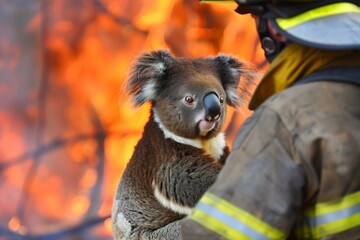injured koala with firefighter against a backdrop of flames - obrazy, fototapety, plakaty