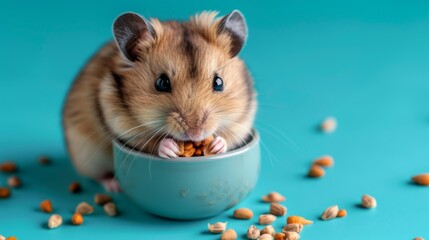 Cute hamster filling its cheeks with food from a small bowl on a blue background