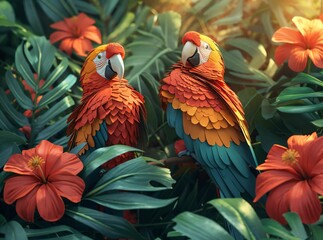 A vibrant jungle scene with origami parrots perched amidst lush foliage, dappled sunlight filtering through