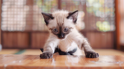 This charming image captures an adorable Siamese kitten with striking blue eyes playing on a wooden table - obrazy, fototapety, plakaty