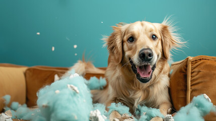 An adorable golden retriever sits amidst a chaos of torn pillow feathers with guilty and playful expression