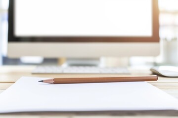 blank paper and pencil in the foreground with a blurred computer screen behind