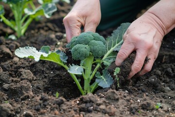farmers hands with soil planting a broccoli seedling - obrazy, fototapety, plakaty