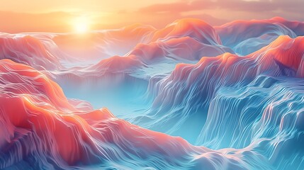 Sky Waterfall and Mountain Scene: Organic Shapes, Cyan and Orange, Dreamy Art - obrazy, fototapety, plakaty