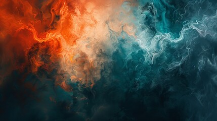 A striking contrast between a vibrant coral and deep teal split background, symbolizing the dynamic interplay of fire and water. - obrazy, fototapety, plakaty