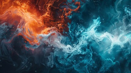 A striking contrast between a vibrant coral and deep teal split background, symbolizing the dynamic interplay of fire and water. - obrazy, fototapety, plakaty