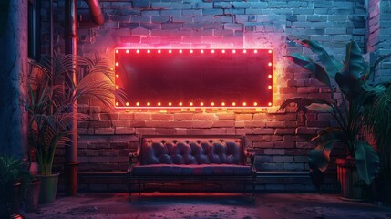 A vintage signboard with glowing neon letters against a brick wall, adjusting outer and inner glow settings for realism.