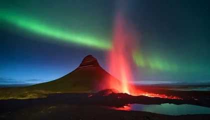 Foto auf Acrylglas Kirkjufell volcano erupting lava at night time with green northern lights in the background