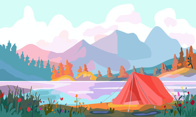 Landscape with a mountain lake. River bank. Red tent at the campsite. Lifestyle. Banner and tourism advertising. Postcards and invitations to the resort summer season. Vector illustration